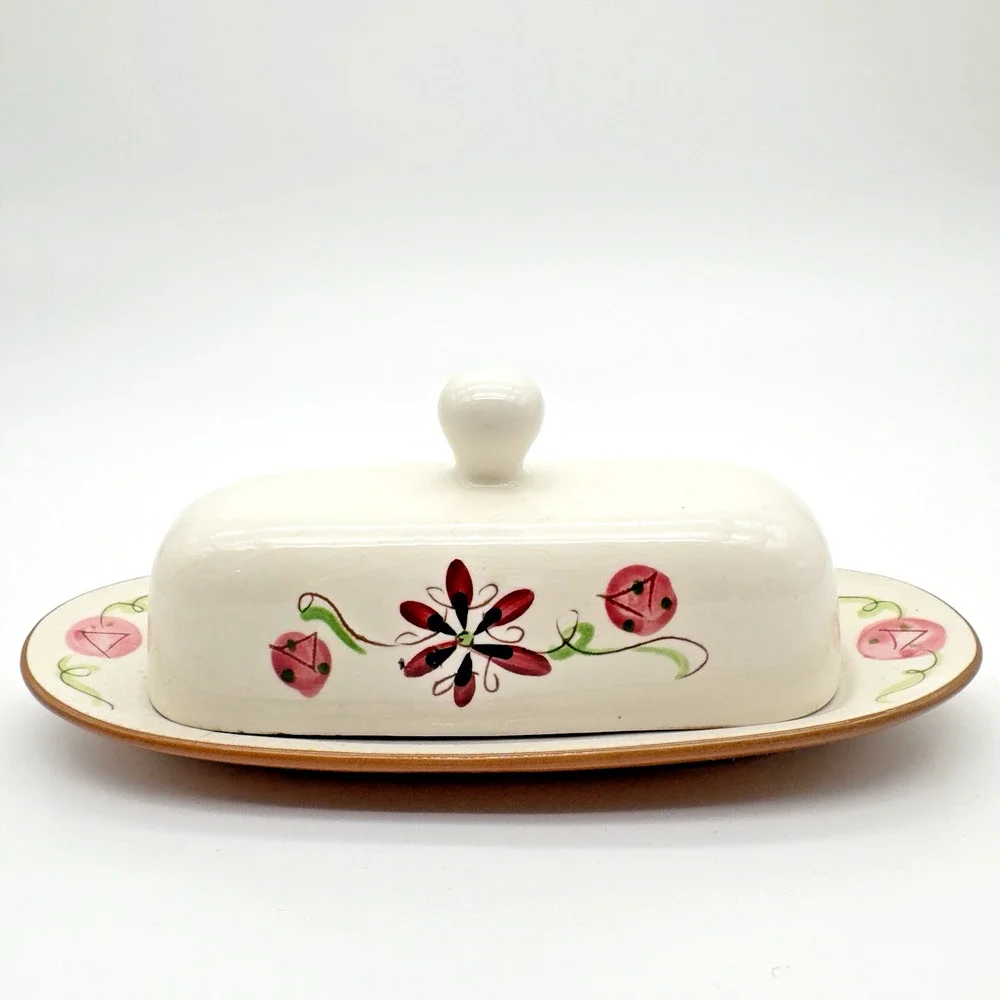 Stangl Pottery Carnival Butter Dish MCM Pink Green Black AS IS